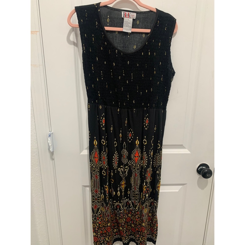 R&K Originals Black Tribal Ikat Print Smocked Midi Dress Size 14 Boho Rayon